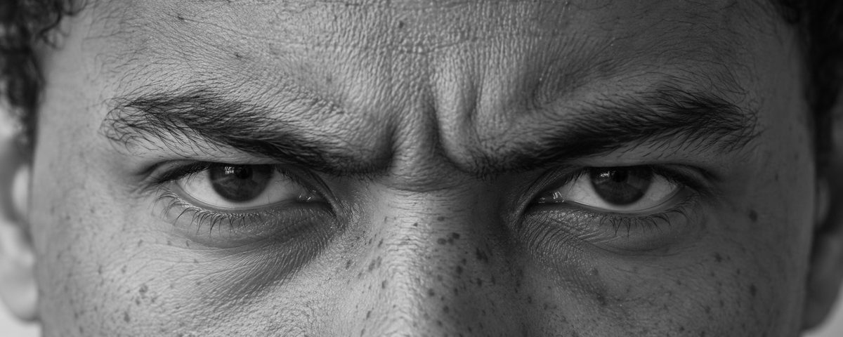 A man's eyes under lowered brows